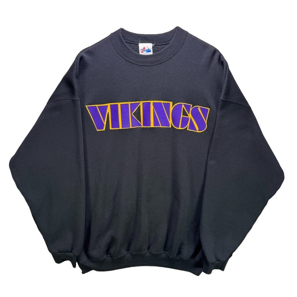 Vintage Minnesota Vikings Sweatshirt Mens XL Black Majestic Crewneck Embroidered